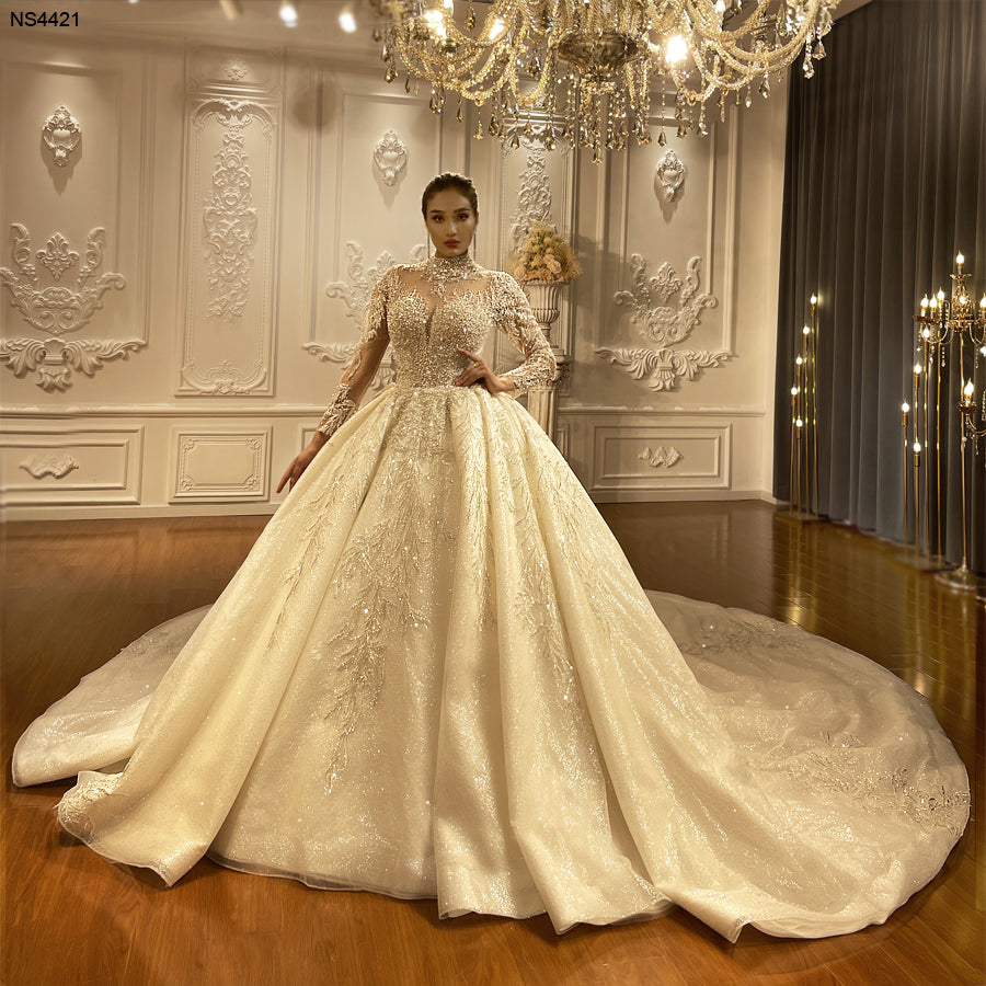 NS4421 High Collar Sleeves beading Long Train Wedding Dress ...